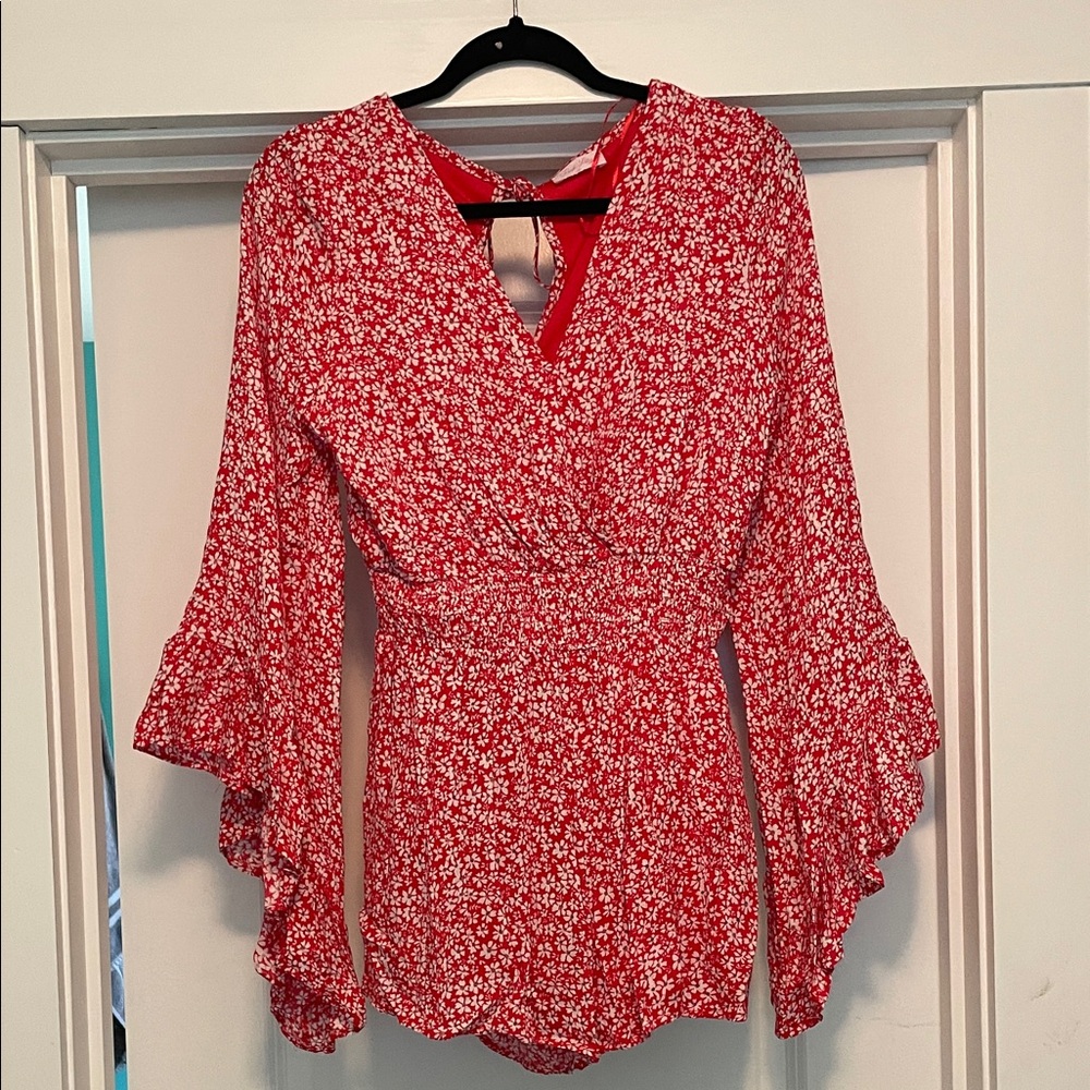 Red Floral Wrap-Style Women's Romper